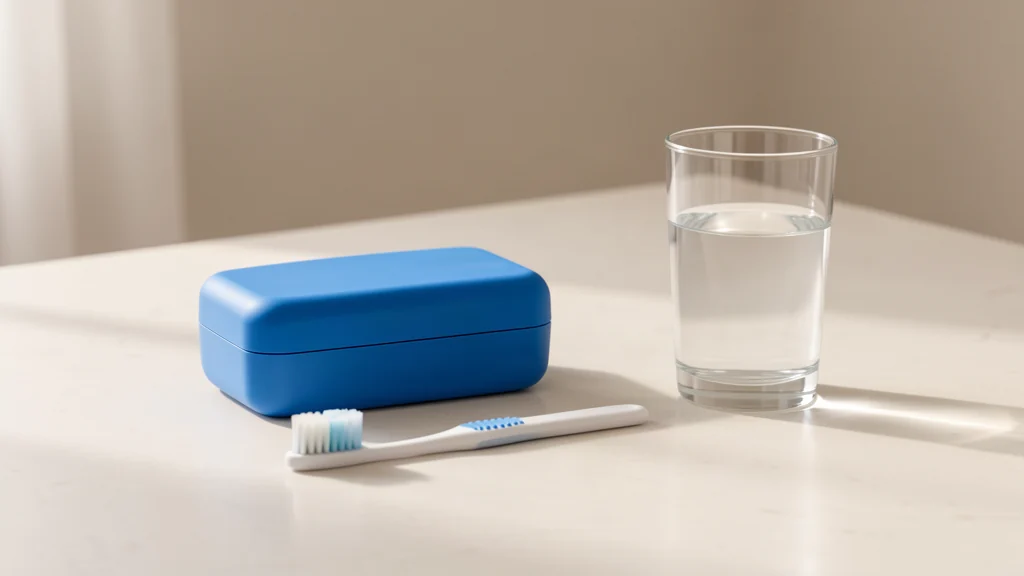Closed denture case, soft toothbrush, and glass of water for partial denture care